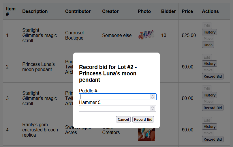 Admin bid management screenshot