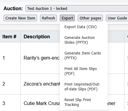 Admin export options screenshot