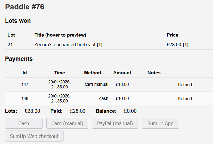 Cashier bidder details screenshot