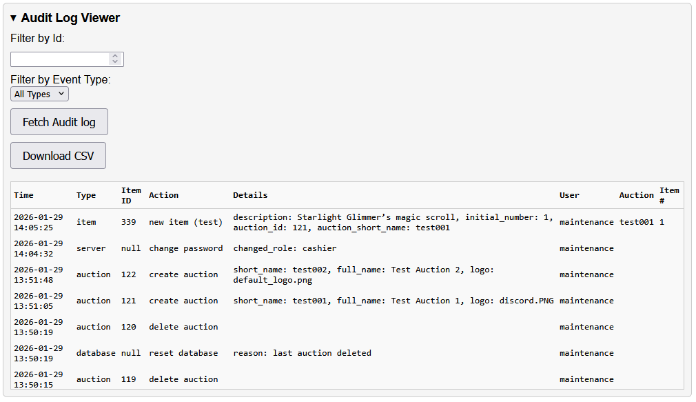 Maintenance audit log viewer screenshot