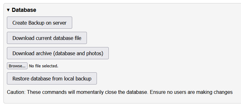 Maintenance database screenshot