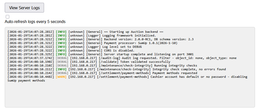 Maintenance server logs screenshot