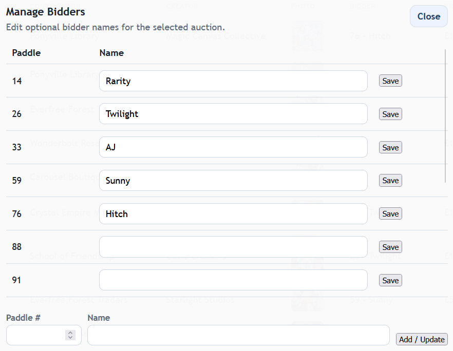 Manage Items manage bidders screenshot
