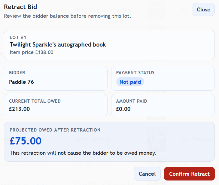 Manage Items bid retraction preview screenshot