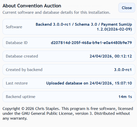 Manage Auctions about dialog screenshot