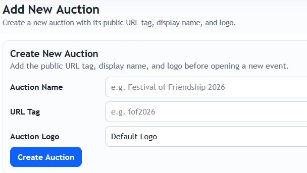 Manage Auctions add new auction screenshot