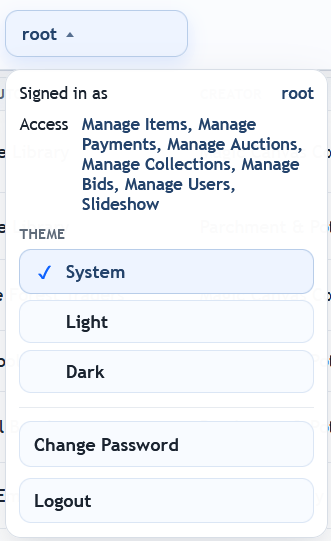 Manage Auctions user menu screenshot